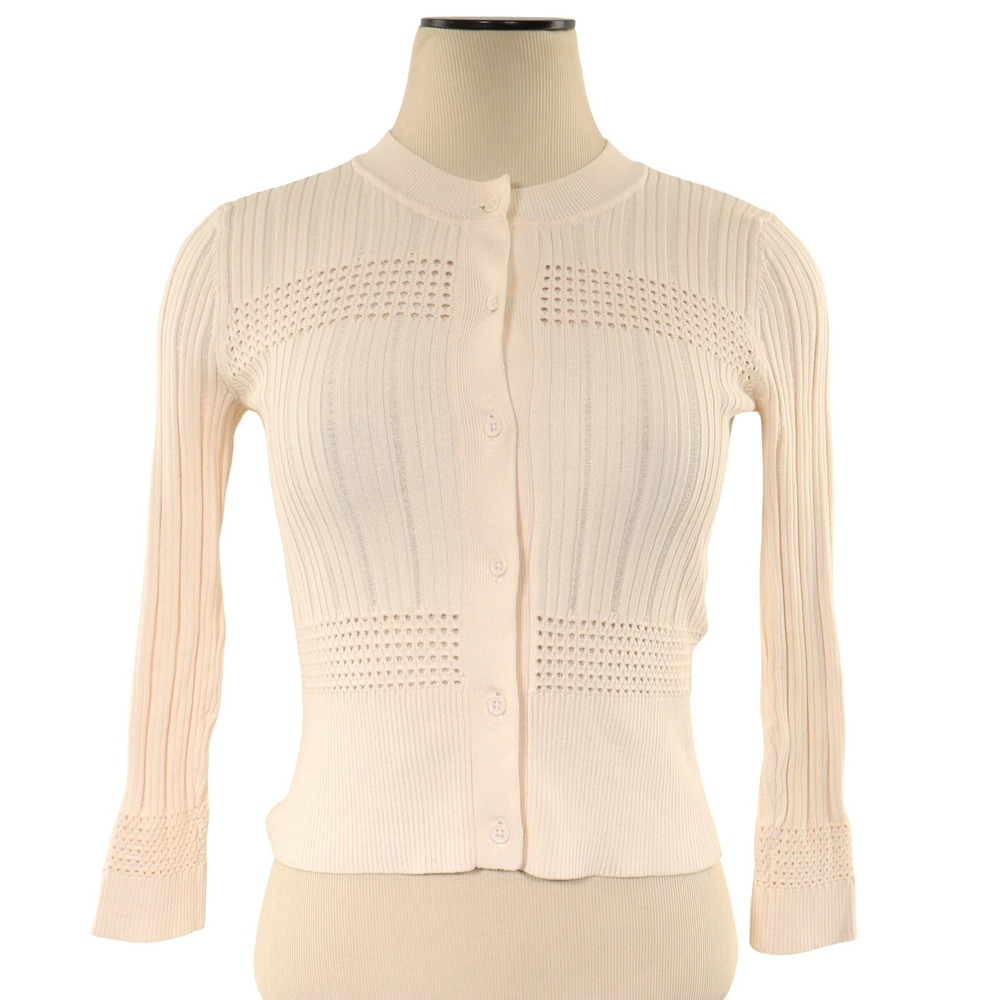 Sandro Paris Cardigan Women 1/XS Ribbed Pointelle Knit Button Up Cream Rayon EUC